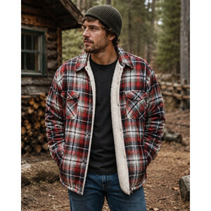 Vintage 80s Red Plaid Sherpa Lined Quilted Shacket Jacket Men's Outdoor Chore L